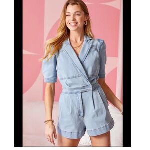 Day+Moon Short Sleeve Collared Blue Jean Denim Romper - Size Medium